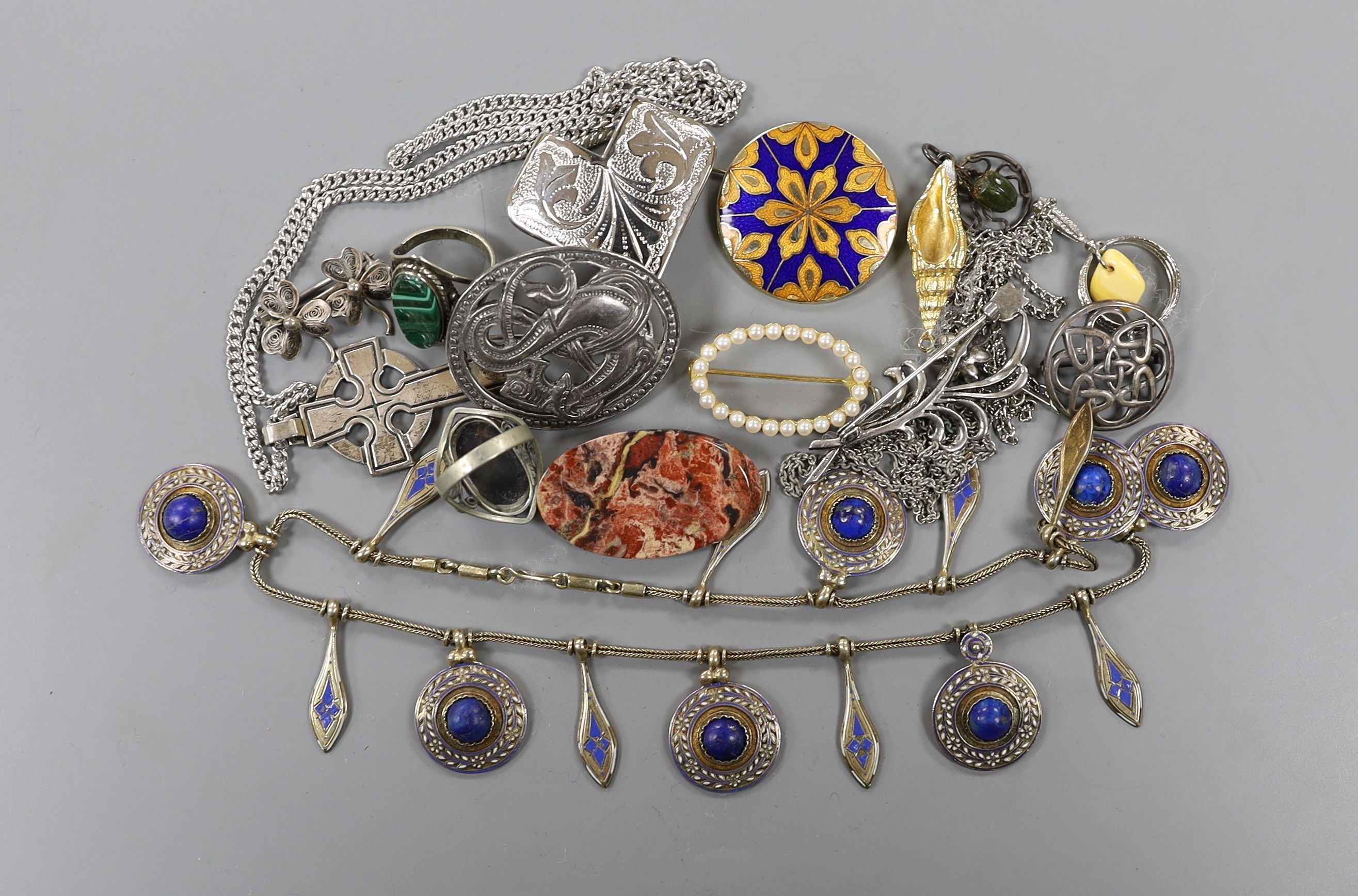 An early 20th century French gilt white metal enamel and antique lapis lazuli bead set drop fringe necklace, 42cm and a group of assorted costume jewellery, sterling pendant etc.